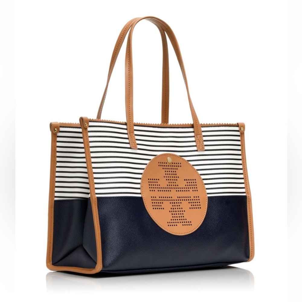 Large Tory Burch Striped Navy and Tan Tote Bag